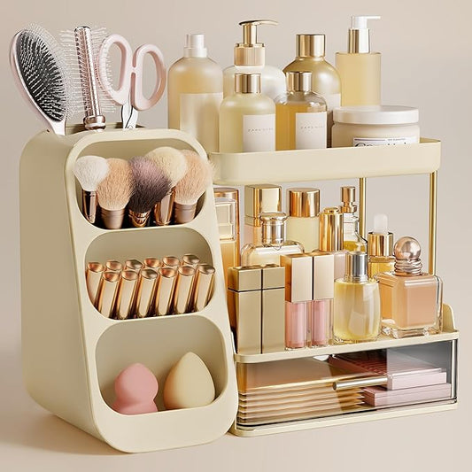 Bathroom Organizers and Storage with Brush Holder for Vanity, Beige