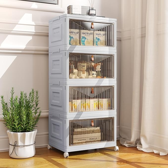 4 Tier Stackable Plastic Storage Bins with Lid and Wheels