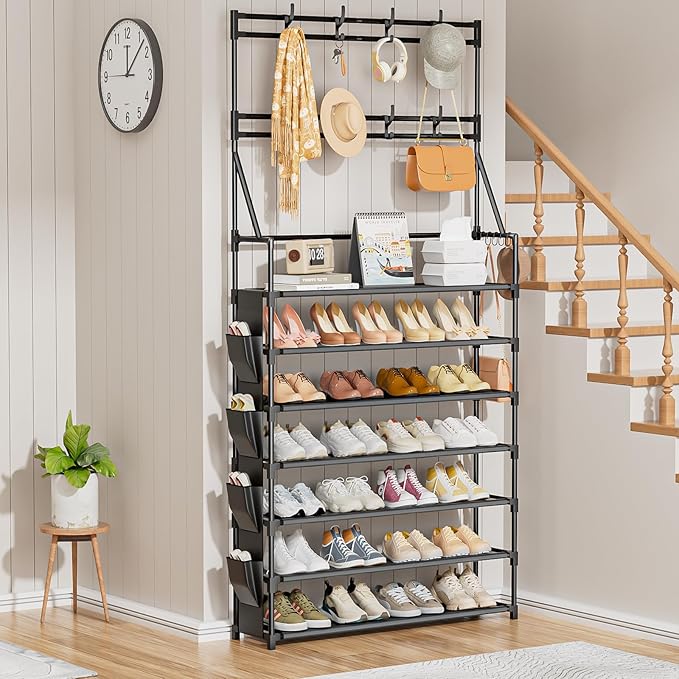 OYREL Shoe Rack 7 Tier Sturdy Shoe Racks for Closet Shoes Organizer for 28-35 Pairs Large Capacity Shoe Storage Rack with Multifunctional 5 Hooks and Side Pocket for Entrance Entryway