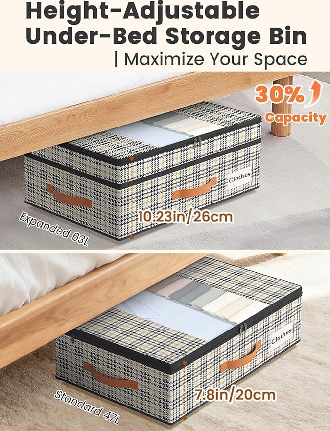 TOSKING 2-Pack Under Bed Storage Drawers with Wheels, 6 Vacuum Bags, Adjustable Height 7.9-10.2", 63L/80 lbs Clear Lid Rolling Bin, 900D Oxford, Space Saver for Dorm Bedroom Clothes Shoes, Houndstooth