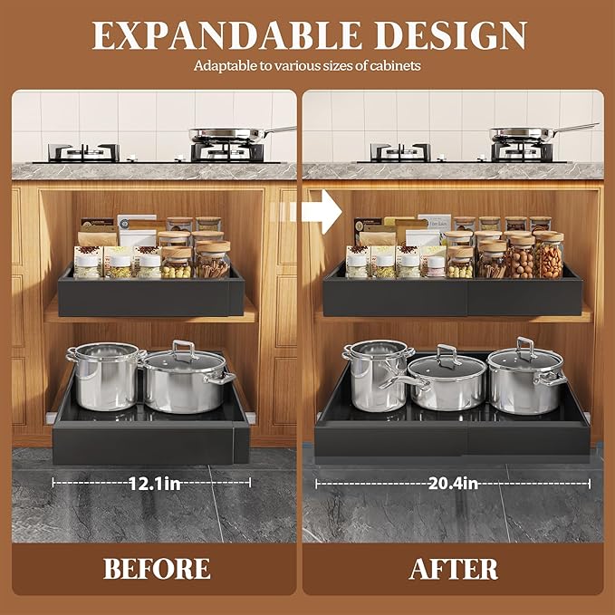 Seinloes 6 Pack Expandable Pull Out Cabinet Organizer 21"Deep With Raising Pad for Framed Cabinets,Upgrade 3 Slide Rails Slide Out Drawers,No Drill Roll Out Shelves,Adjustable Width 12.1"-20.4" Black