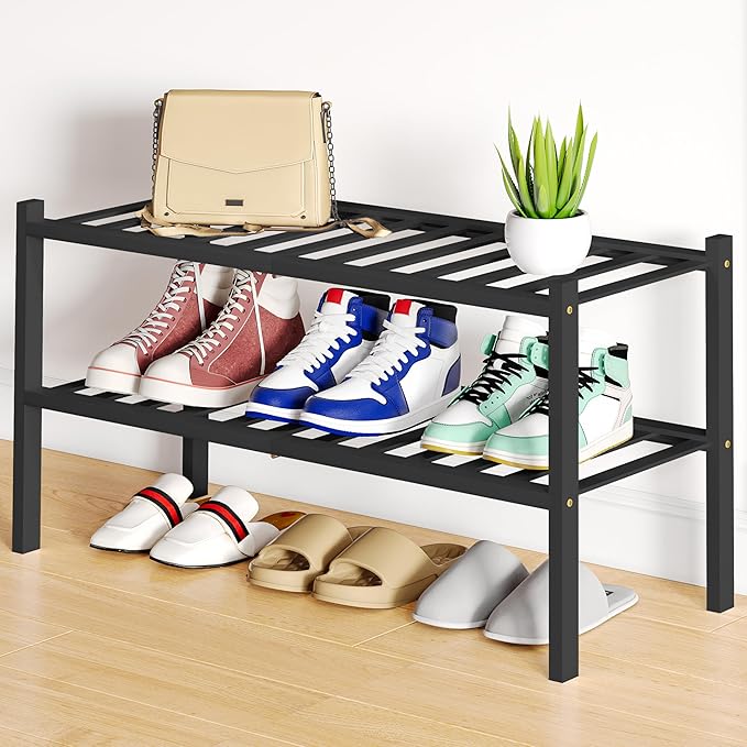 Smiry Bamboo Shoe Rack, 2 Tier Free Standing Wooden Shoe Organizer, Stackable Wood Shoe Storage Shelf for Closet, Entryway, 12 Vertical Slats, One-piece Standard Legs, 26.8"x11"x13", Black