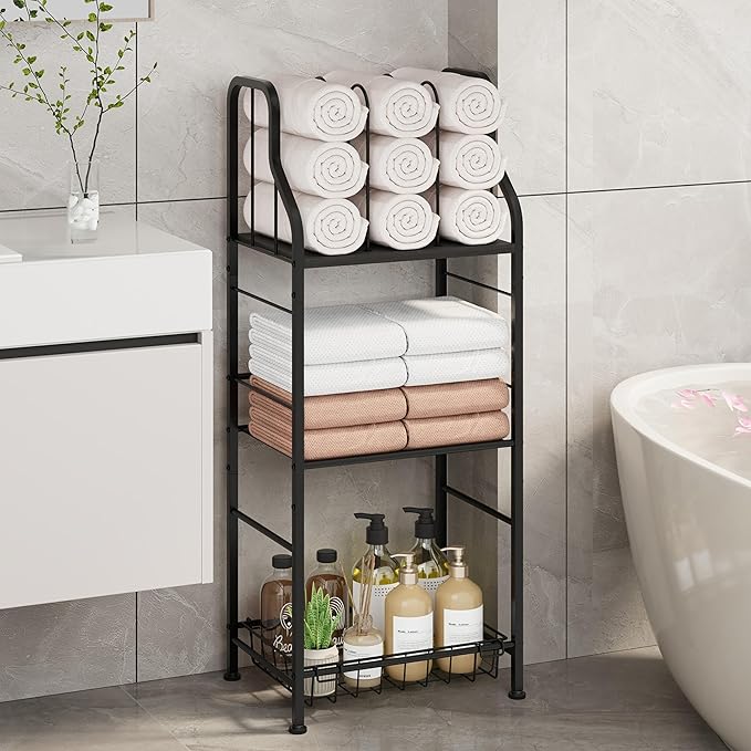 SWTYMIKI Free Standing Towel Rack - 3 Tier M-Shaped Detachable Dividers Towel Shelf for Bathroom, Durable Metal Pool Towel Holder, Modern Space-Saving Bath Towel Storage Organizer