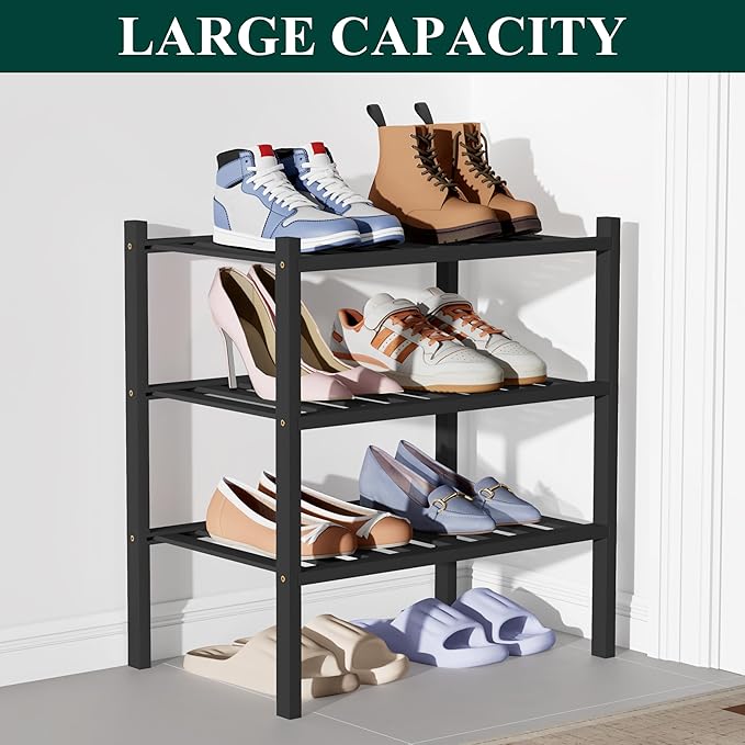 Smiry Bamboo Shoe Rack for Closet, 3 Tier Small Wooden Shoe Organizer, Stackable Wood Shoe Storage Shelf for Entryway, 14 Vertical Slats, One-piece Heavy-Duty Legs, 17.32"x11.02"x18.31", Black