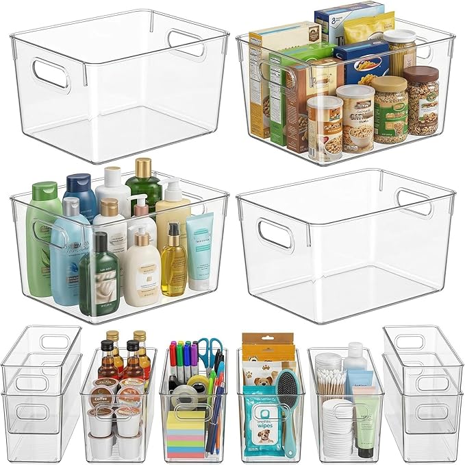 Set of 12 Clear Plastic Storage Organizer Bins
