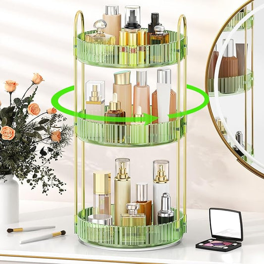 MOKANI 360 Rotating Makeup Organizer for Vanity, 3 Tier Adjustable Perfume Organizer for Dresser, Multi-Function Spinning Cosmetics Skincare Storage for Bedroom, Dresser, Countertop, Green