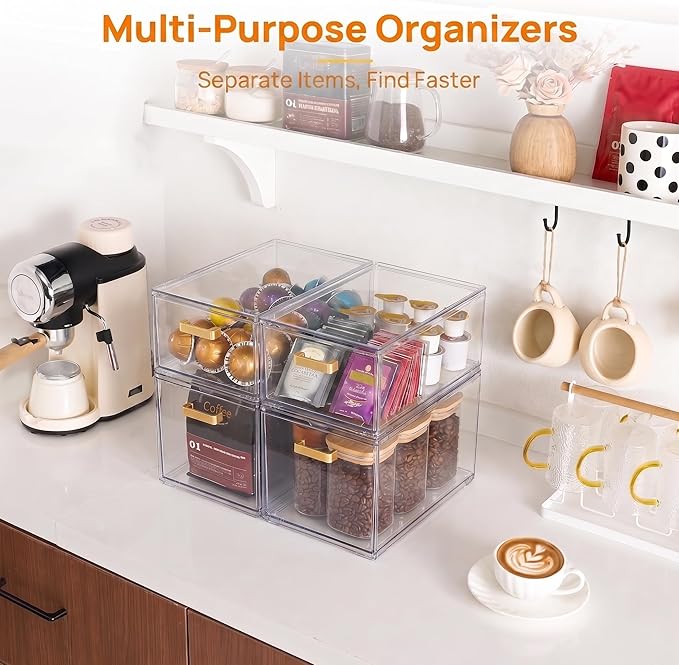 LALOBLUE Clear Stackable Drawer Organizer, 4 Pack Acrylic Storage Drawers with Pull-Out Design, Space-Saving Organizer for Bathroom, Vanity, Kitchen & Office
