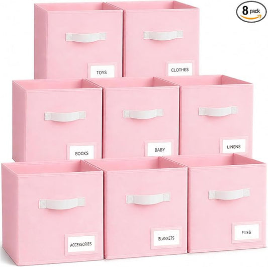 Storage Cubes 8 Pack, 11 Inch Fabric Storage Cubes Organizer Bins with Labels, Odor-Free & Sturdy PP Structure, Cubby Baskets for Closet, Shelves, Toys & Nursery ( Pink)