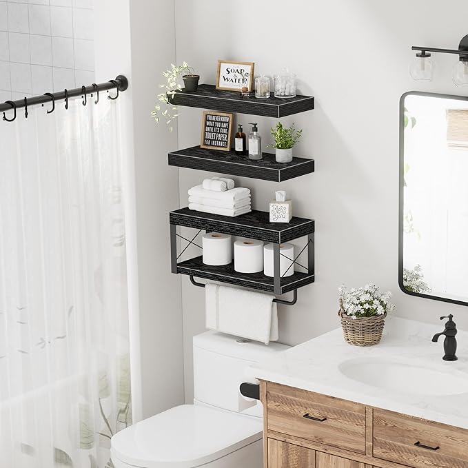 QEEIG Bathroom Shelves Over Toilet - Floating Shelf for Wall Toilet Paper Storage Farmhouse 16 inch Set of 3, Black (029-40B3)