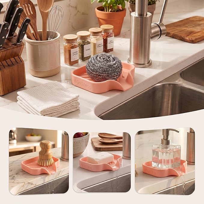 MicoYang Silicone Soap Dish with Drain Spout — Self-Draining Sink Organizer Tray for Bathroom & Kitchen, Holds Bar Soap, Sponges & Dispensers, Non-Slip & Dishwasher Safe, Pink (Small, 4.9"×3.2")
