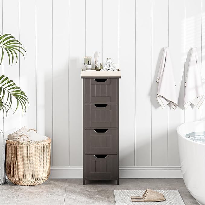 Bathroom Floor Storage Cabinet, Freestanding Wooden Side Organizer w/4 Drawers & Anti-Tip Kit for Bathroom Living Room Hallway Office Study, Coffee