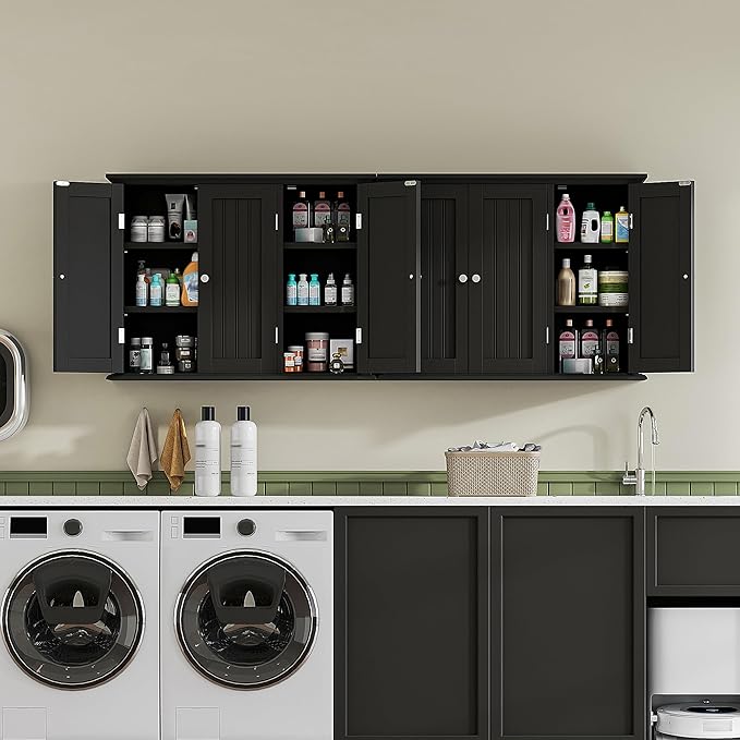 Bathroom Wall Cabinet with 3 Doors, Laundry Cabinet Wall Mounted, Black