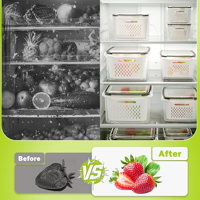 HOMETALL 6 PCS Fruit Storage Containers for Fridge with 6 Removable Colanders, BPA Free Produce Containers for refrigerator, Dishwasher & Microwave Safe Food Containers Keep Fruit, Salad, Berry, Fresh