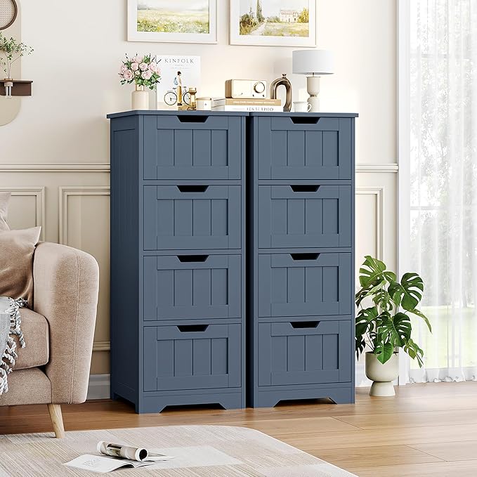 FOTOSOK Bathroom Storage Cabinet, Bathroom Cabinet with 4 Drawers, 11.8” x 11.8” x 32.5” Freestanding Entryway Cupboard Storage Organizer Unit Home Furniture Decor, Blue