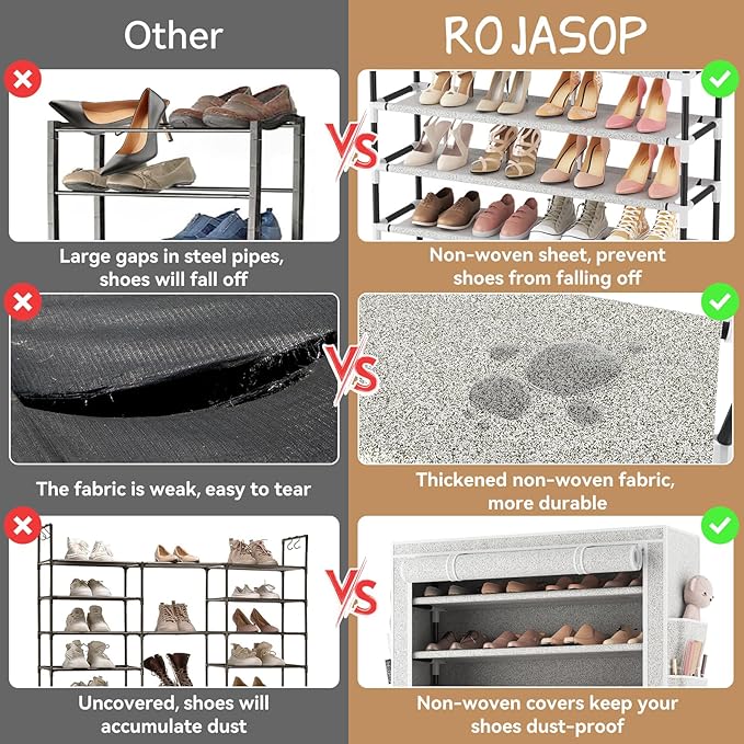 ROJASOP 10 Tier Shoe Rack with Covers Large Capacity Stackable Tall Shoe Shelf Storage for 50-55 Pairs Shoe and Boot, Sturdy Free Standing Shoe Rack Organizer for Closet, Entryway, Bedroom, Printing
