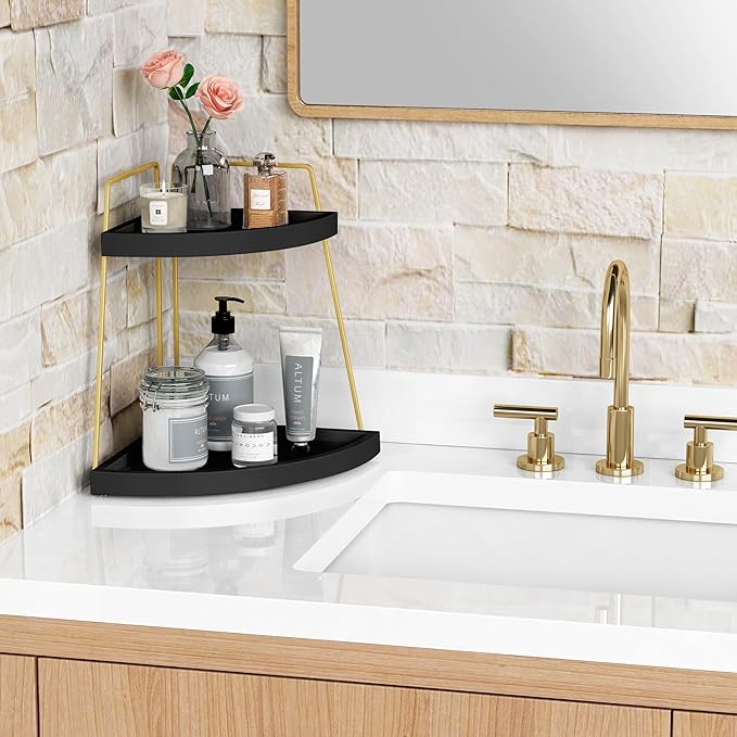 Black and Gold Corner Bathroom Counter Organizer