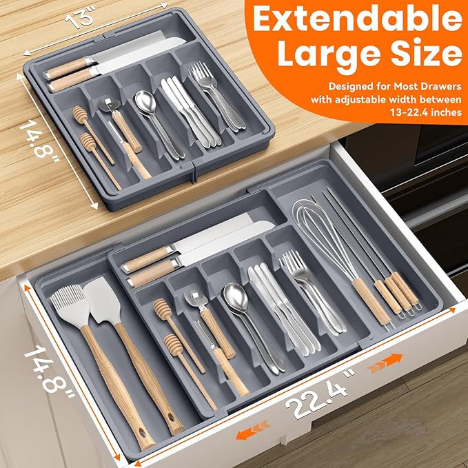 RoomHacks Large Silverware Organizer,Expandable Utensil Drawer Organizer,BPA Free Utensil Holder,Adjustable Silverware Tray Cutlery Drawer Organizer for Kitchen Flatware,Large,Grey (6-8 Slots)
