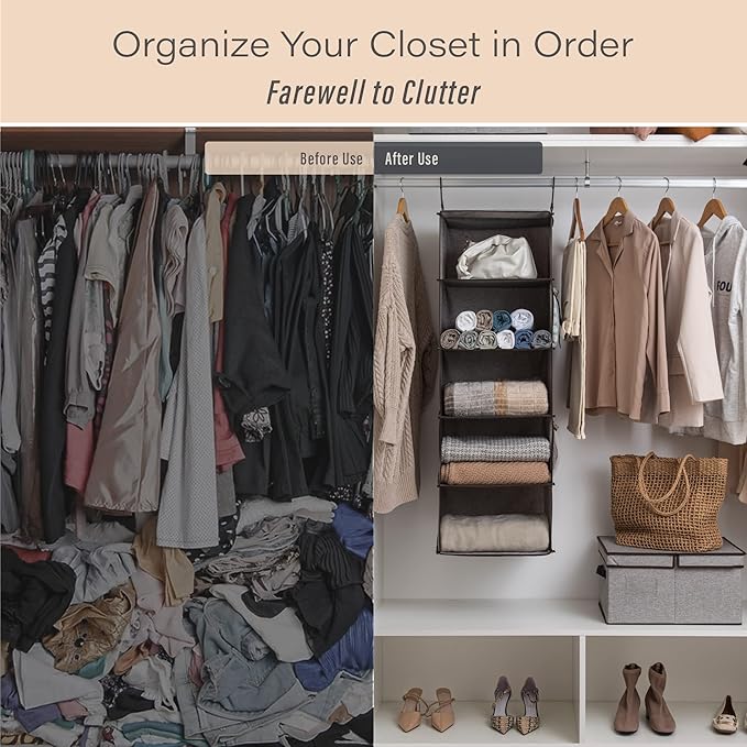 StorageWorks Hanging Closet Organizer, 5-Shelf Hanging Shelves with 2 Hooks, Foldable Space-Saving Design, Closet Organizers and Storage for Bedroom, Dorm, Locker, Gray
