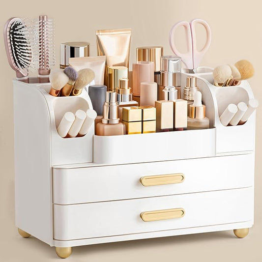Makeup Organizer for Vanity with Brush Holder, All White