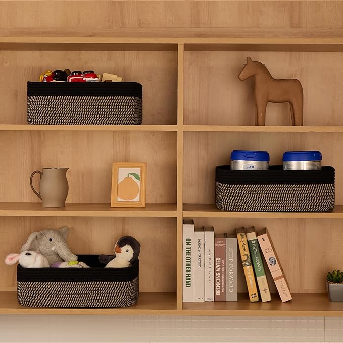 MiniArk Large Shallow Organizing Baskets 15x11x5.1 Inches - Rope Woven Storage Bins for Bathroom, Shelves, Cube Closet, Black Woven Brown 2 Packs