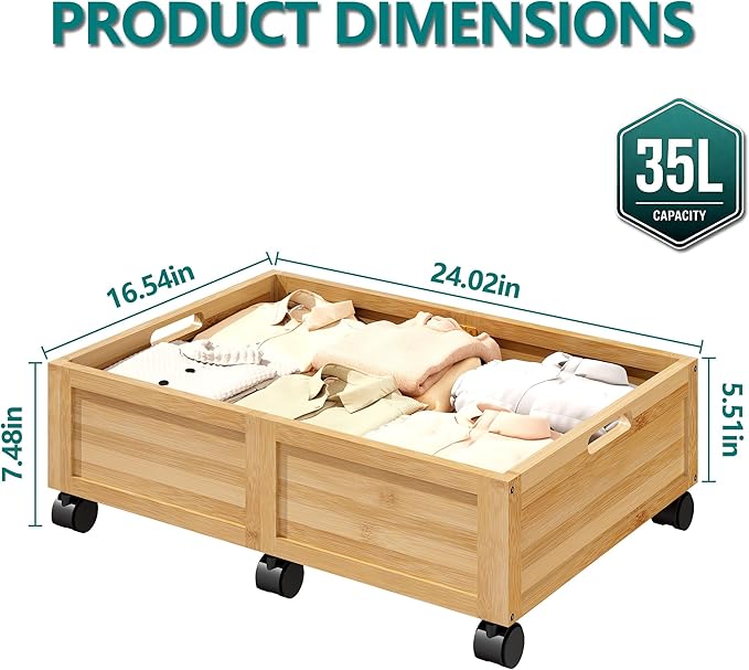 WISUCART Wood Under Bed Storage Containers Underbed Organizer with Wheels Sturdy Wood Rolling Under Bed Shoe Storage Organizer 2 Packs (Nature, Small)