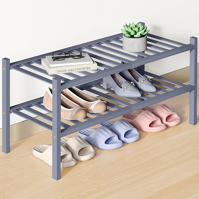 Smiry Bamboo Shoe Rack for Closet, 2 Tier Wooden Shoe Organizer, Stackable Wood Shoe Storage Shelf for Entryway, 14 Vertical Slats, One-piece Heavy-Duty Legs, 26.77"x11.02"x12.99", Grey