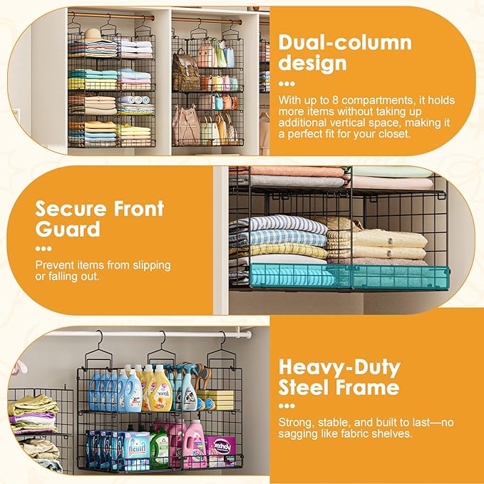Hanging Closet Organizer with DIY Spacing, Double-Row Closet Hanging Shelves with 4 Adjustable Dividers & 6 Hooks, Heavy Duty Metal Closet Storage Organizer with Front Guard, Split into 2 Units