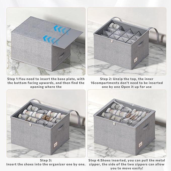 Shoe Organizer for Closet, 2 Pack Foldable Shoe Storage Box with Clear Cover and Adjustable Dividers, Stackable Storage Bins for Boots, Fits up to 32 Pairs (Grey, 19.7 × 15.7 × 12.6 in)