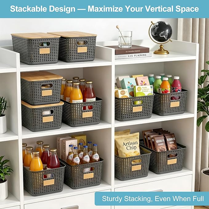 2 Pack Tall Plastic Storage Bins with Bamboo Lids, Gray