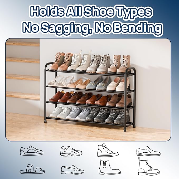 ENJOYBASICS 4 Tier Expandable Shoe Rack for Closet, Free Standing Metal Shoe Shelf Storage Organizer Holder 16 Pairs, Adjustable Width Shoe Rack for Entryway Small Space, Black