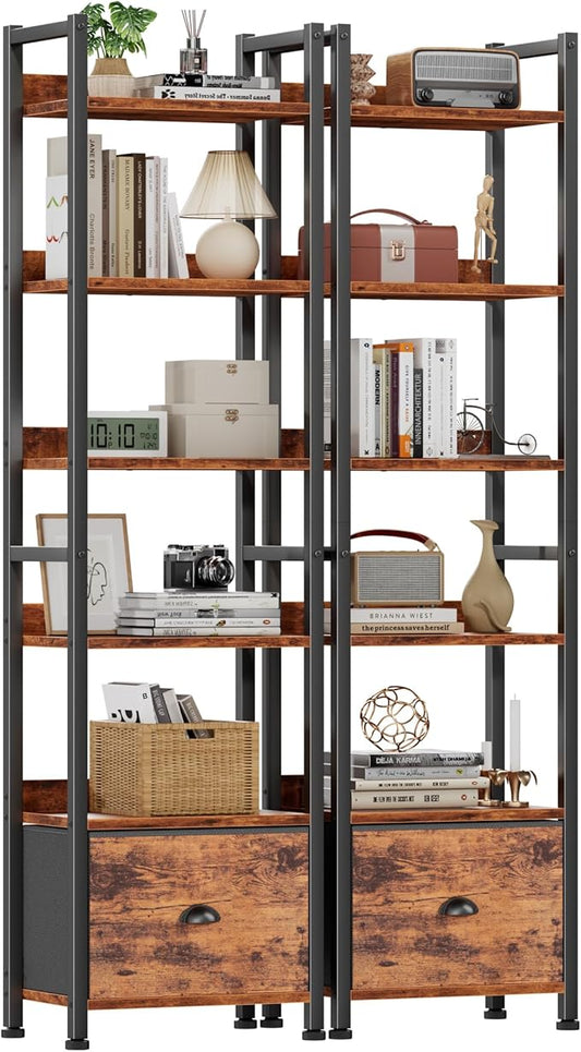 Book Shelf Set of 2, 6 Tier Tall Shelf with Drawer, Rustic Brown
