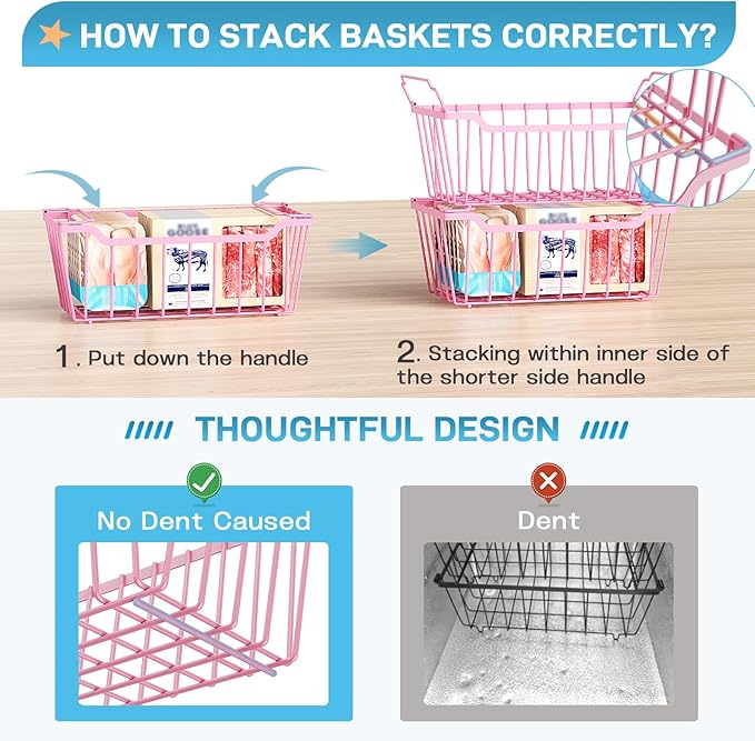 SUNALLY Freezer Organizer Bins, 8 Pack Stackable Chest Freezer Organizer for 5-7 Cu.FT Deep Freezer Sort Frozen Meats and Food, Freezer Storage Baskets with Handles Easy Reach from Bottom, Pink