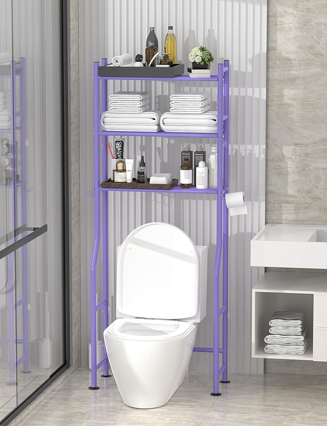 Livilord 3-Tier Over The Toilet Storage, Freestanding Metal Bathroom Shelves with 4 Hooks, Over Toilet Storage Shelf with Paper Holder, Above The Toilet Shelf for Bathroom Storage, Purple