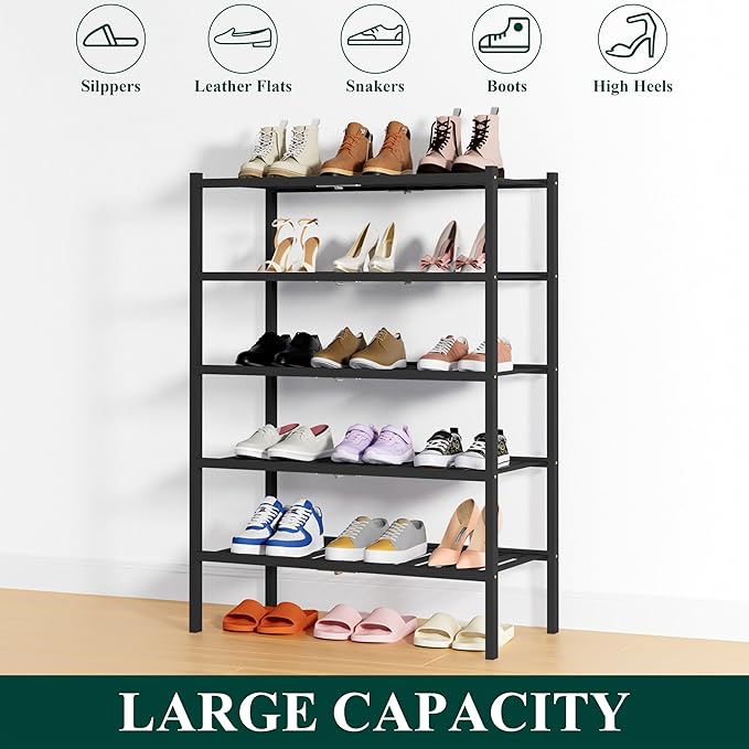 Smiry Bamboo Shoe Rack, 5 Tier Free Standing Wooden Shoe Organizer, Stackable Wood Shoe Storage Shelf for Closet, Entryway, 14 Vertical Slats, 2+2+1 Stack Heavy-Duty Legs, 26.8"x11"x32.5", Black