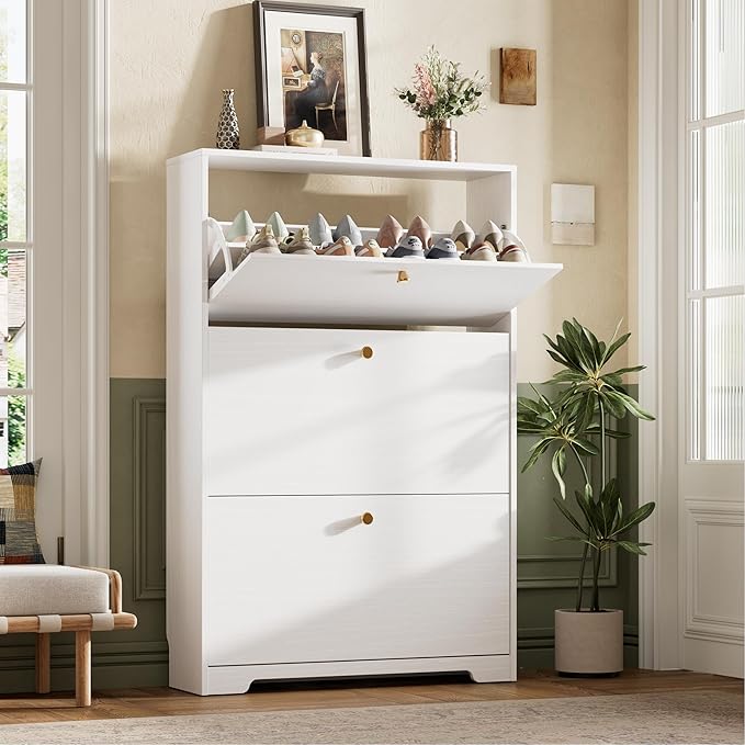 Nicetree Shoe Cabinet with 3 Flip Drawers, Narrow Shoe Organizer Cabinet, Freestanding Shoe Rack Cabinet, Morden Shoe Storage Cabinet for Entryway, Hallway, Foryer, White
