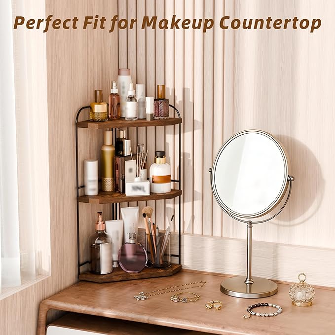 Corner Bathroom Counter Organizer, 3-Tier Wood Countertop Organizer for Perfume, Makeup Storage, Skincare Organizers for Vanity, Counter Corner Shelf for Kitchen, Bathroom, Dresser (Rustic Brown)