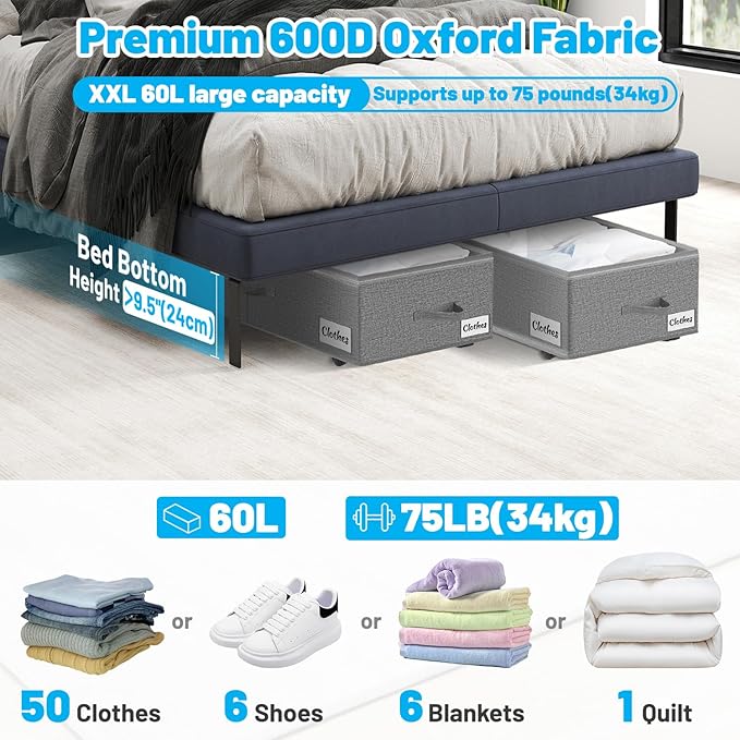 Under Bed Storage with Wheels, 2-Pack 10" Height XXL 75L Rolling Storage Bins, Quick Assembly Underbed Shoe Storage Containers with Clear Lid & Label, Dorm Under Bed Drawers for Clothes, Shoes, Grey