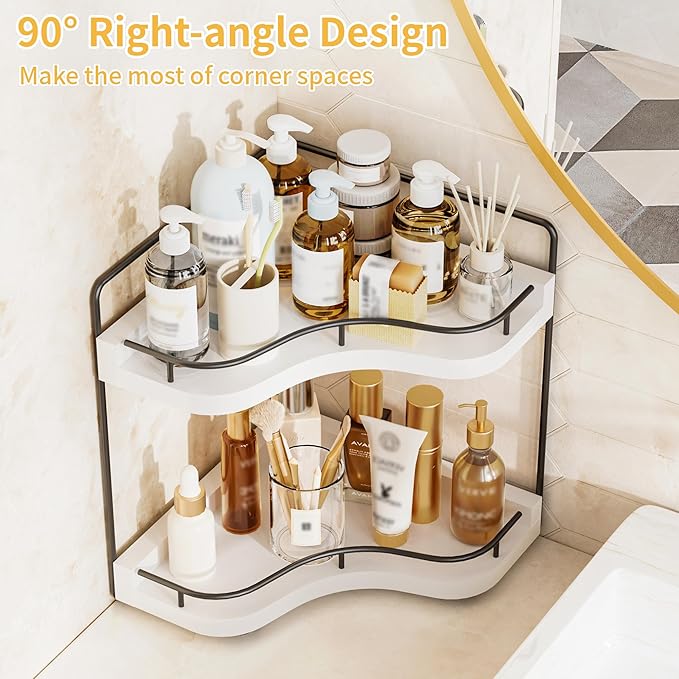 2-Tier Corner Bathroom Counter Organizers, Stable Wood Vanity Shelf for Perfume, Skincare & Makeup, Larger Size Countertop Organizer and Storage for Bathroom, Kitchen and Dresser(White)