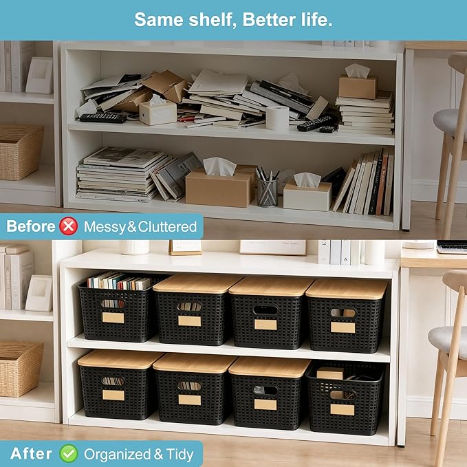 2 Pack Tall Plastic Storage Bins with Bamboo Lids, Black