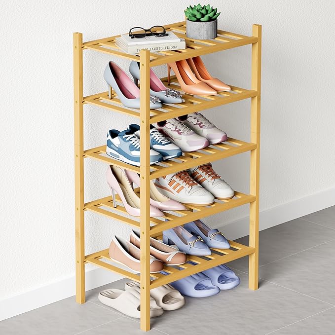 Bamboo Shoe Rack for Closet, 5 Tier Small Wooden Shoe Organizer, Natural