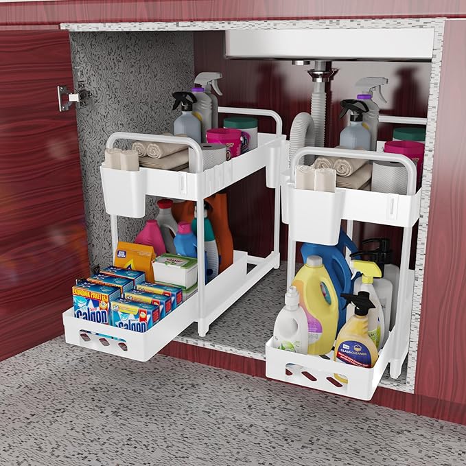 2 Pack Double-Layer Under Sink Organizer for Efficiently Utilizing Space, White