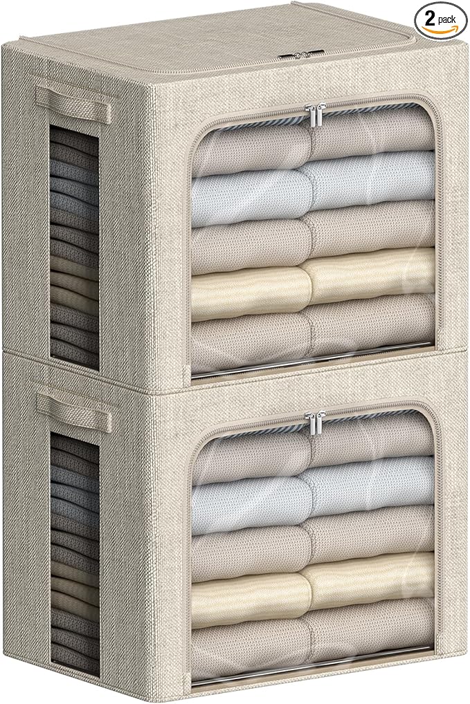 FHSQX 2 Pack Clear Window Storage Bins - Large Stackable Linen Fabric Storage for Clothes Foldable Container Organizer Set with Carrying Handles (Beige, 16.5x 12.2x 12.2Inch)