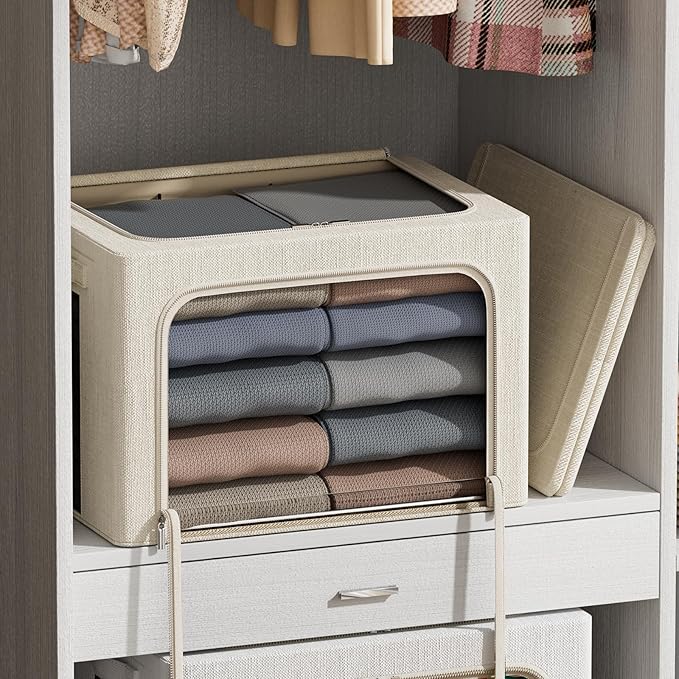 FHSQX 2 Pack Clear Window Storage Bins - Large Stackable Linen Fabric Storage for Clothes Foldable Container Organizer Set with Carrying Handles (Beige, 15.7x 11.8x 9.8Inch)