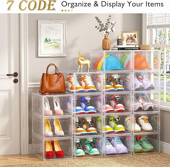 7 code Shoe Organizer, Clear Thickened Stackable Shoe Boxes with Magnetic Door