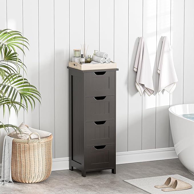 Bathroom Floor Storage Cabinet, Freestanding Wooden Side Organizer w/4 Drawers & Anti-Tip Kit for Bathroom Living Room Hallway Office Study, Coffee