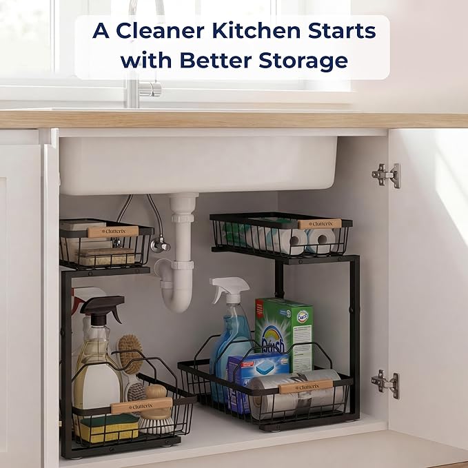 Under Sink Organizer with Motion-Activated LED Lights, 2 Pack, 2 Tier Sliding L-Shaped Carbon Steel Rack with Adjustable Height, Dividers & Hooks (Black)