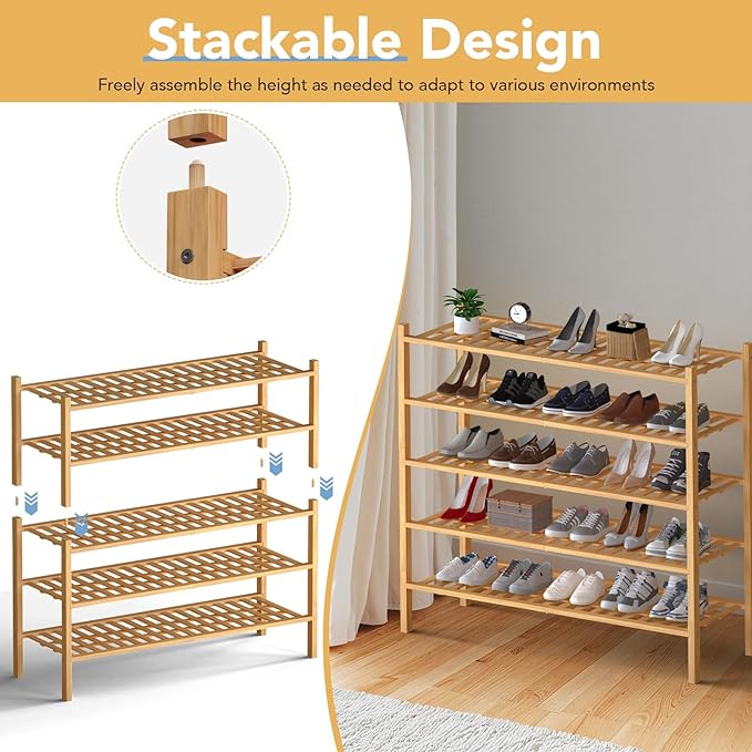 Haddockway Long 2 Tier Bamboo Shoe Rack Storage Organizer, Multifunctional Free Standing Stackable Shoe Shelf with Grid Panel for Closet,Hallway,Entryway,Small Space 34.2"x11"x13"