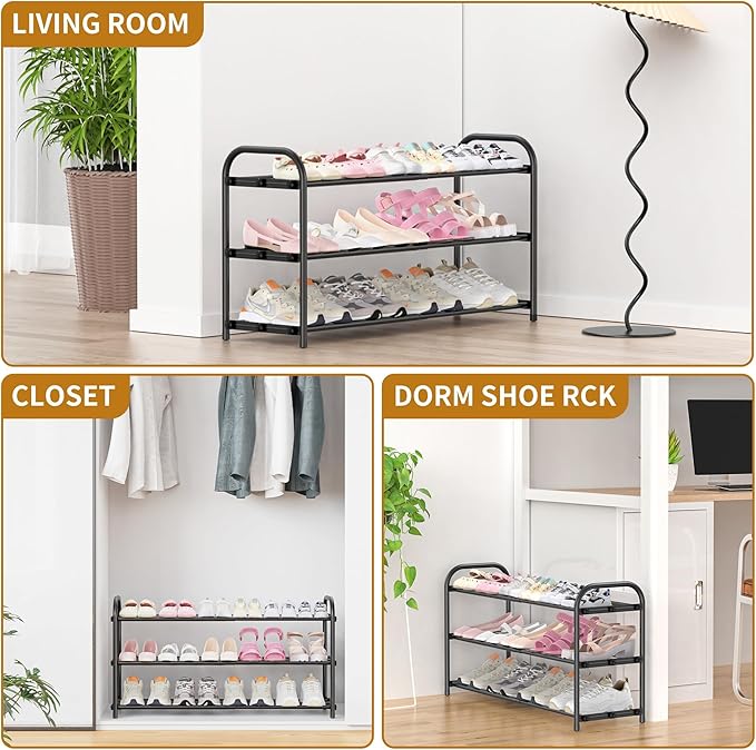 Hleelomi 3-Tier Expandable Shoe Rack,Adjustable Shoe Shelf Storage Organizer Heavy Duty Metal Free Standing Shoe Rack for Entryway, Closet,Living Room,Dorm,Black