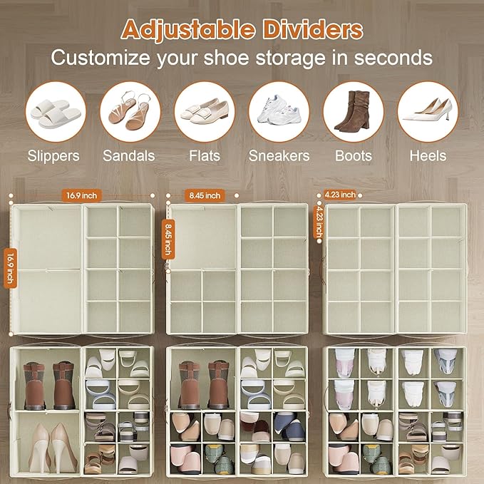 4-Pack Shoe Organizer for Closet, Foldable Shoe Storage Box with Adjustable Dividers & Clear Cover, Fits 32 Pairs, Beige, Durable and Space-Saving