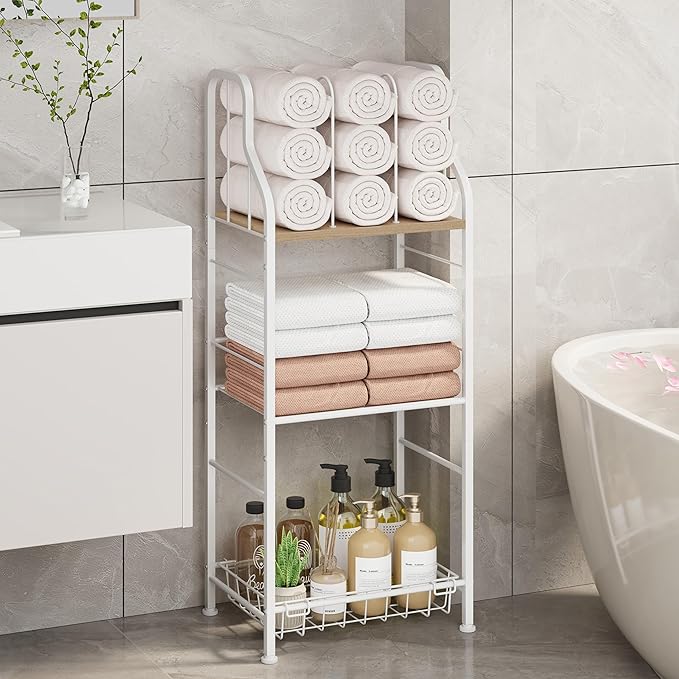 SWTYMIKI Free Standing Towel Rack - 3 Tier M-Shaped Detachable Dividers Towel Shelf for Bathroom, Durable Metal Pool Towel Holder, Modern Space-Saving Bath Towel Storage Organizer